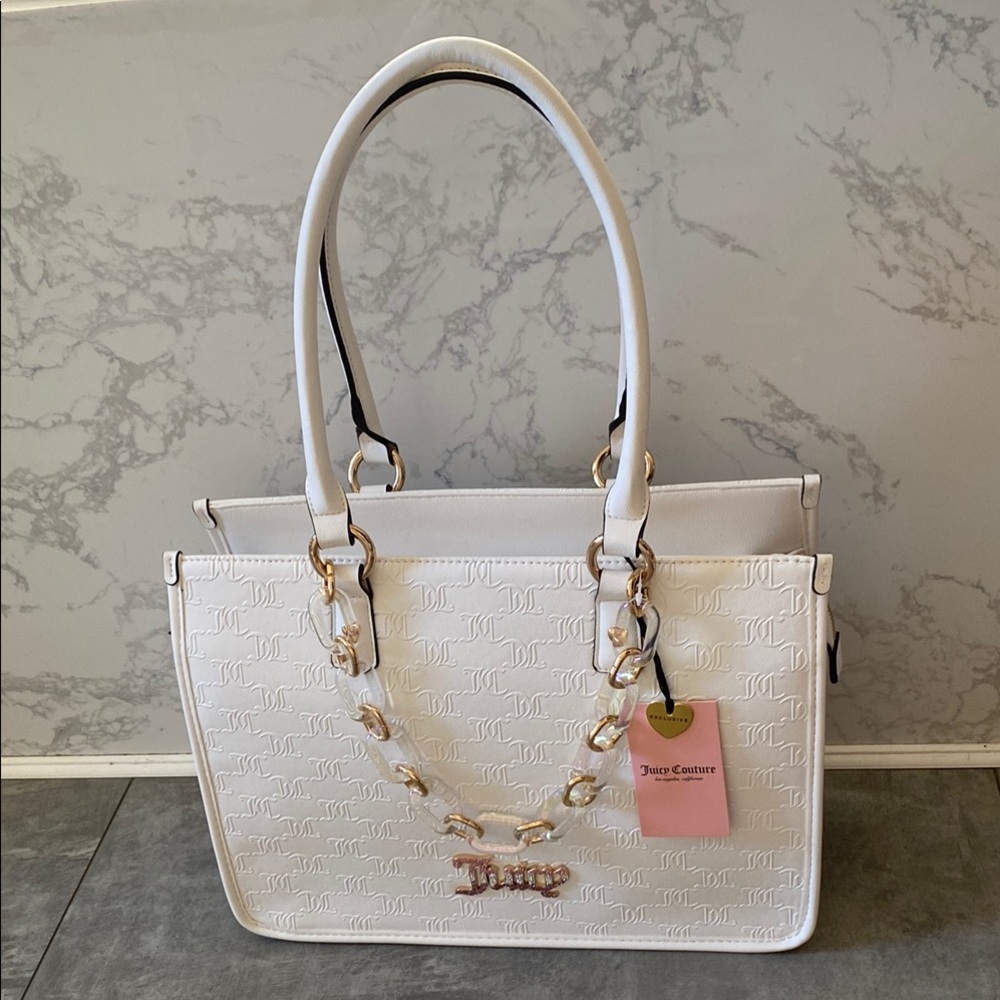Juicy Couture White Embossed Tote with Gold Accents
